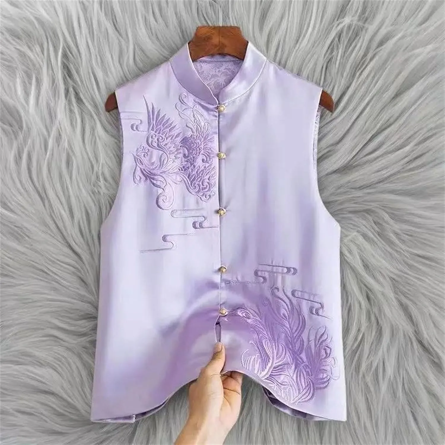 Women's Sleeveless Satin Blouse Mandarin Collar Embroidered Vest Office Work Button-Down Shirt