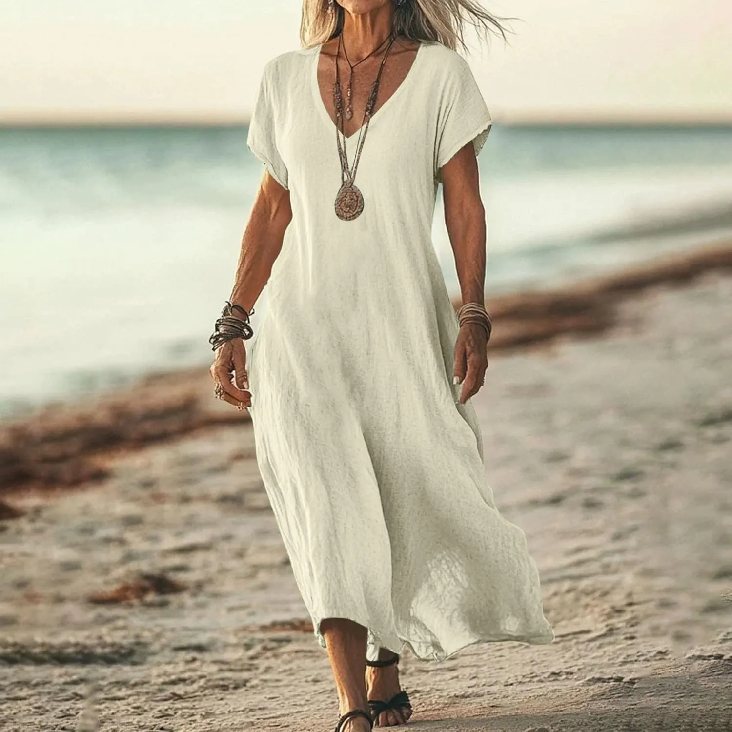 Womens Solid Color Pocket Maxi Dresses Square Neck Comfy Lightweight Sundress Flowy Boho Elegant Summer Dress for Ladies