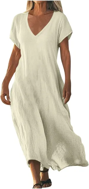 Womens Solid Color Pocket Maxi Dresses Square Neck Comfy Lightweight Sundress Flowy Boho Elegant Summer Dress for Ladies