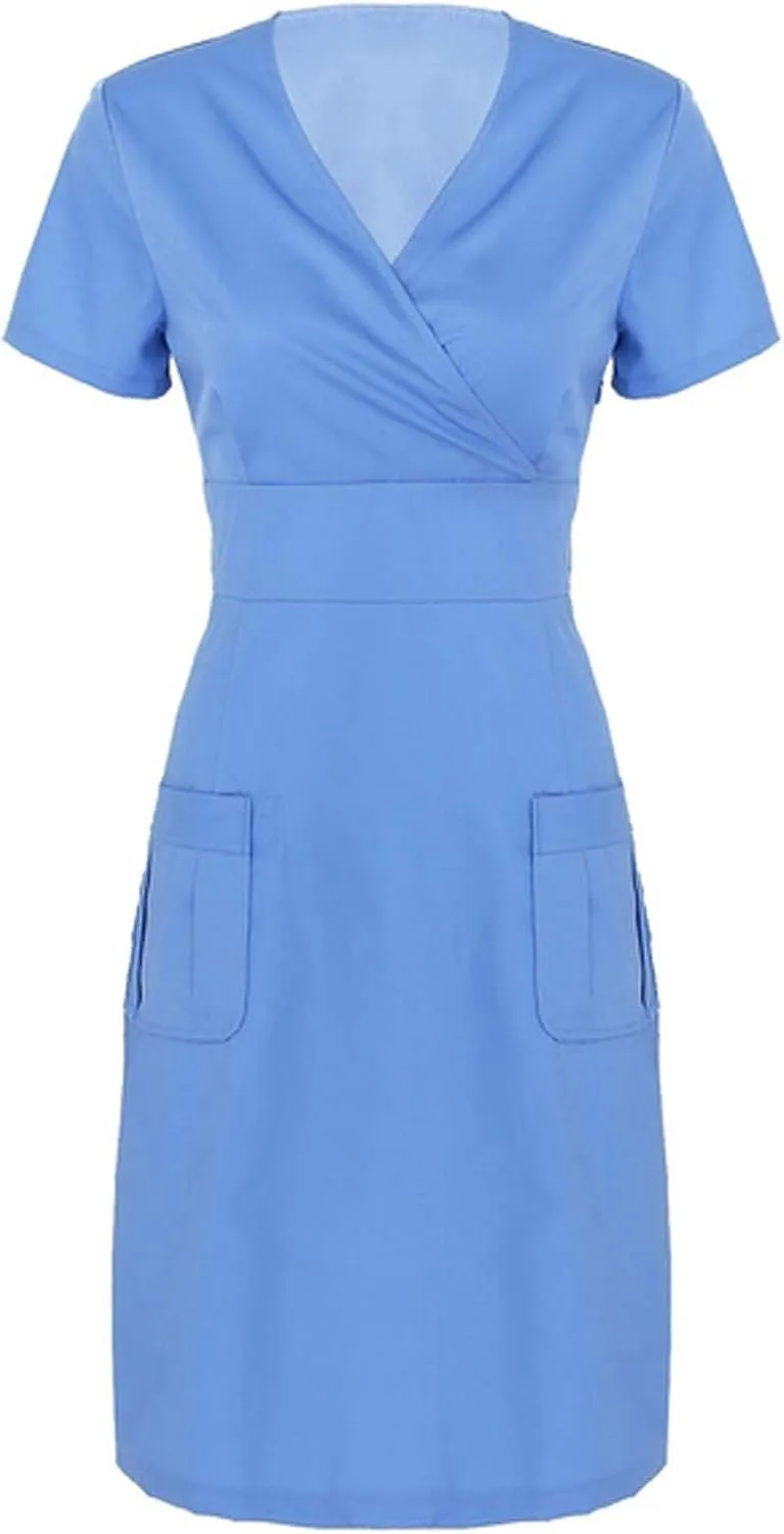Womens Solid Color Work Dress with Pocket Short Sleeve V Neck Midi Shirt Dress Spring Church Work Skirt
