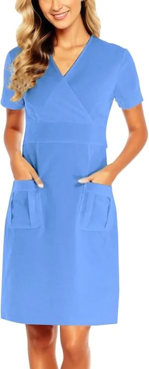 Womens Solid Color Work Dress with Pocket Short Sleeve V Neck Midi Shirt Dress Spring Church Work Skirt