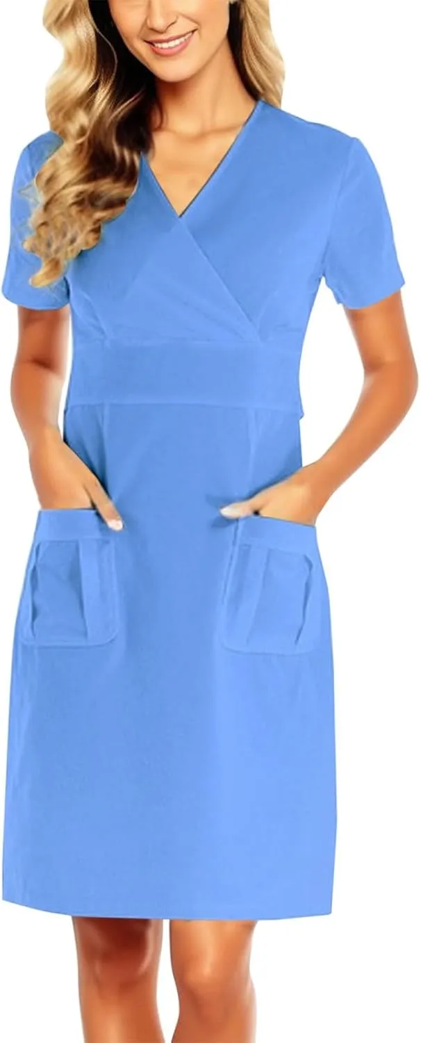 Womens Solid Color Work Dress with Pocket Short Sleeve V Neck Midi Shirt Dress Spring Church Work Skirt
