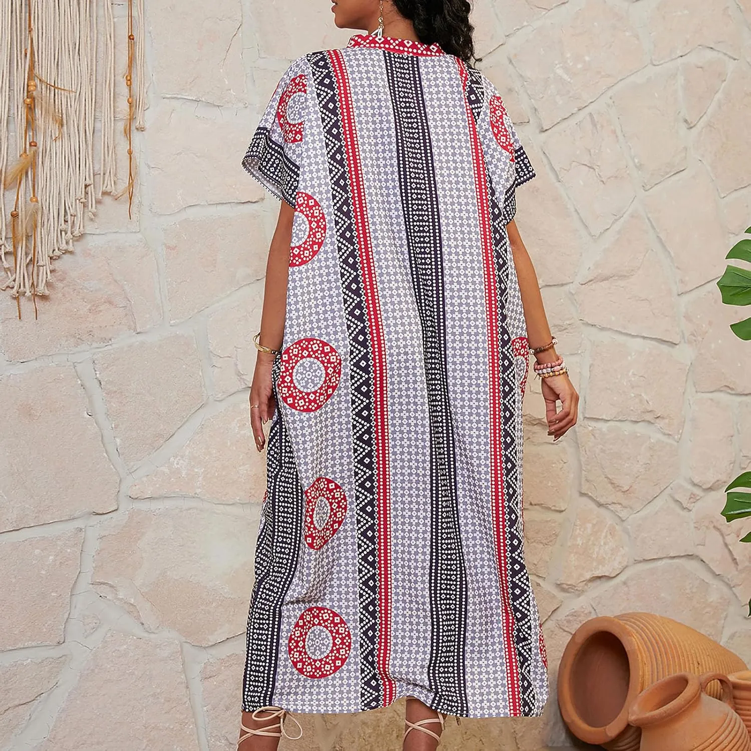 Womens Summer Beach Cover Up Swimsuit Cotton Short Cap Sleeve V Neck Bathing Suit Swimwear Vintage Boho Maxi Dresses