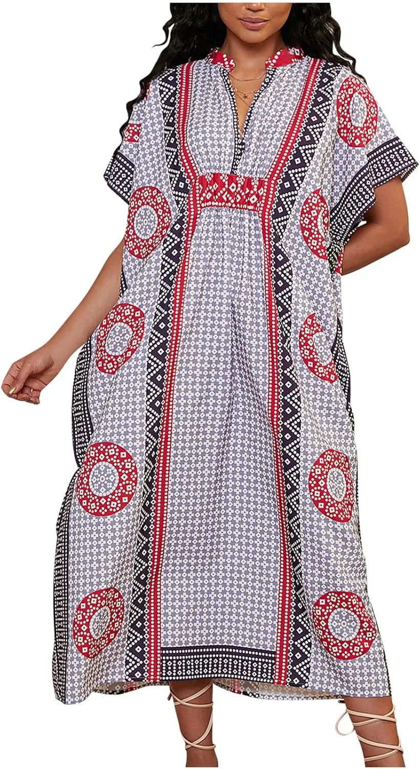 Womens Summer Beach Cover Up Swimsuit Cotton Short Cap Sleeve V Neck Bathing Suit Swimwear Vintage Boho Maxi Dresses