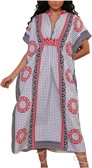 Womens Summer Beach Cover Up Swimsuit Cotton Short Cap Sleeve V Neck Bathing Suit Swimwear Vintage Boho Maxi Dresses