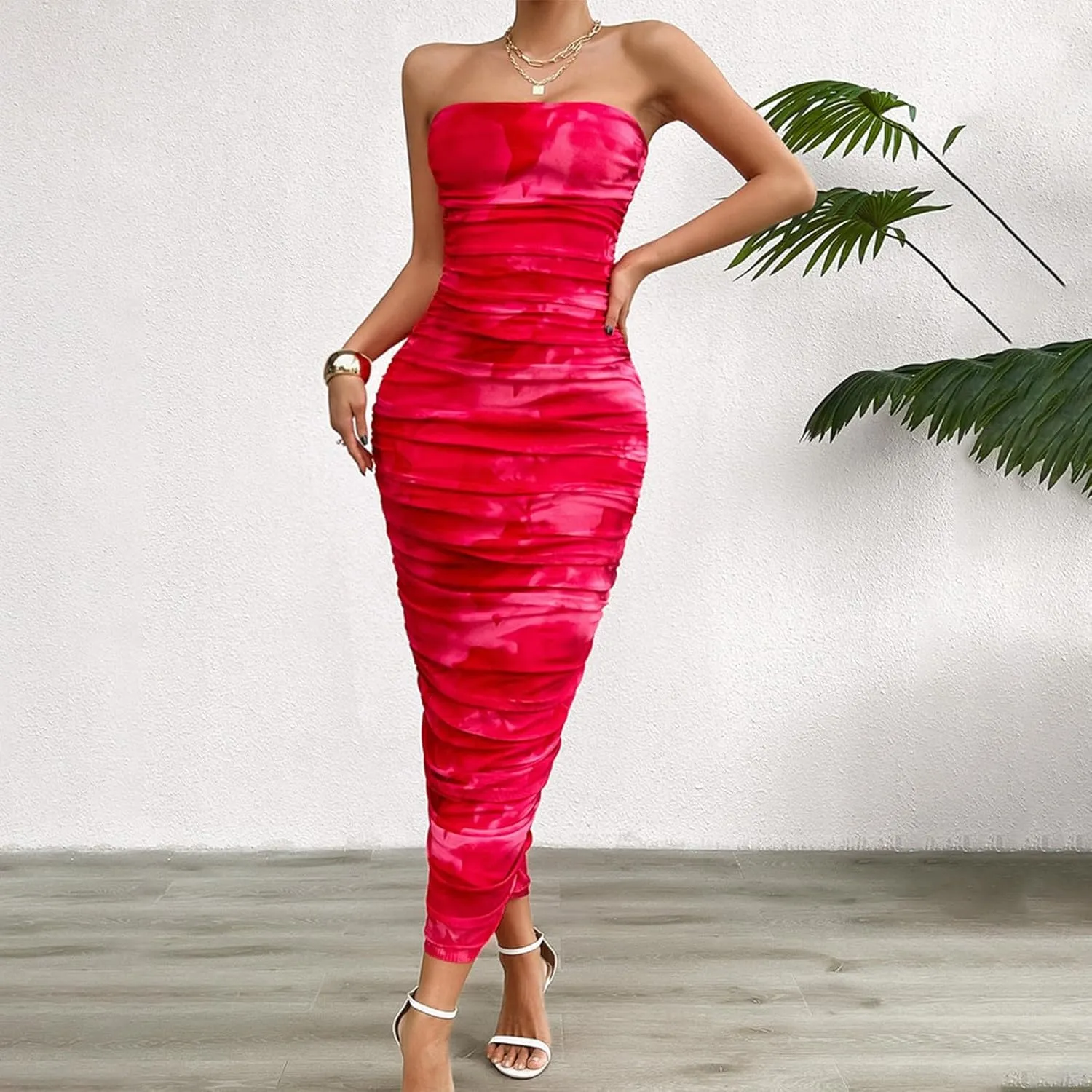 Women's Summer Bodycon Dresses Strapless Tube Top Printed Long Club Slit Dress Silk Dresses for