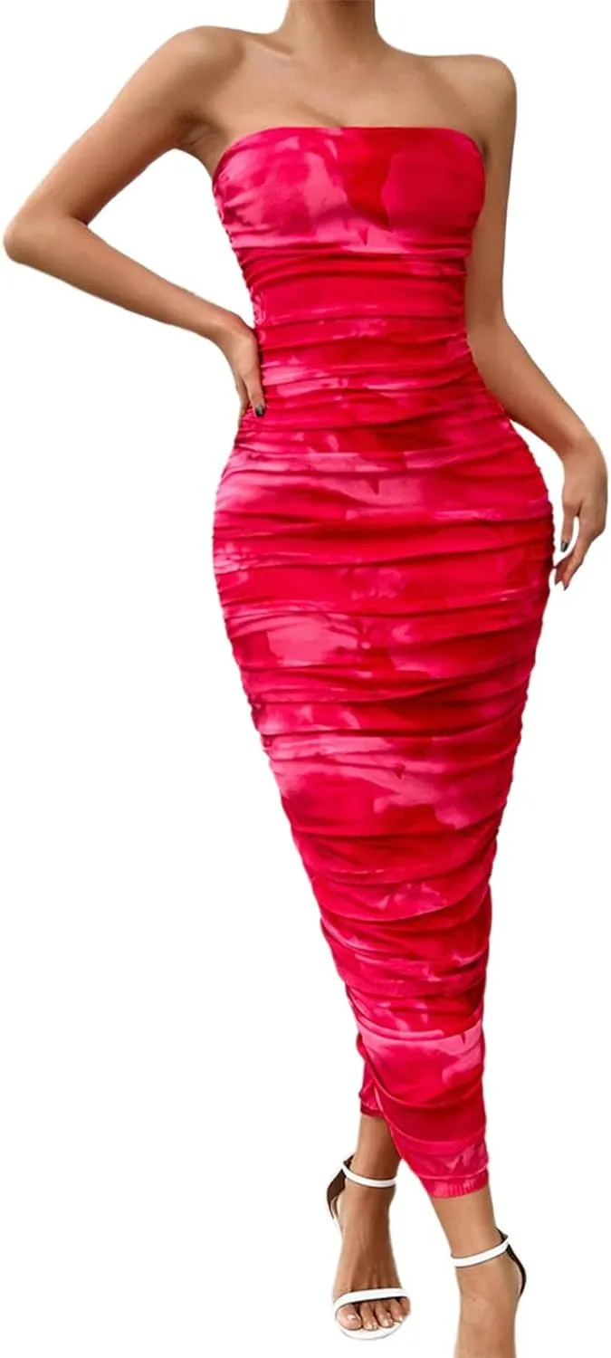 Women's Summer Bodycon Dresses Strapless Tube Top Printed Long Club Slit Dress Silk Dresses for