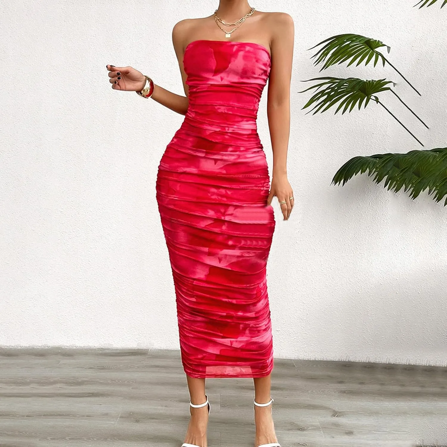Women's Summer Bodycon Dresses Strapless Tube Top Printed Long Club Slit Dress Silk Dresses for