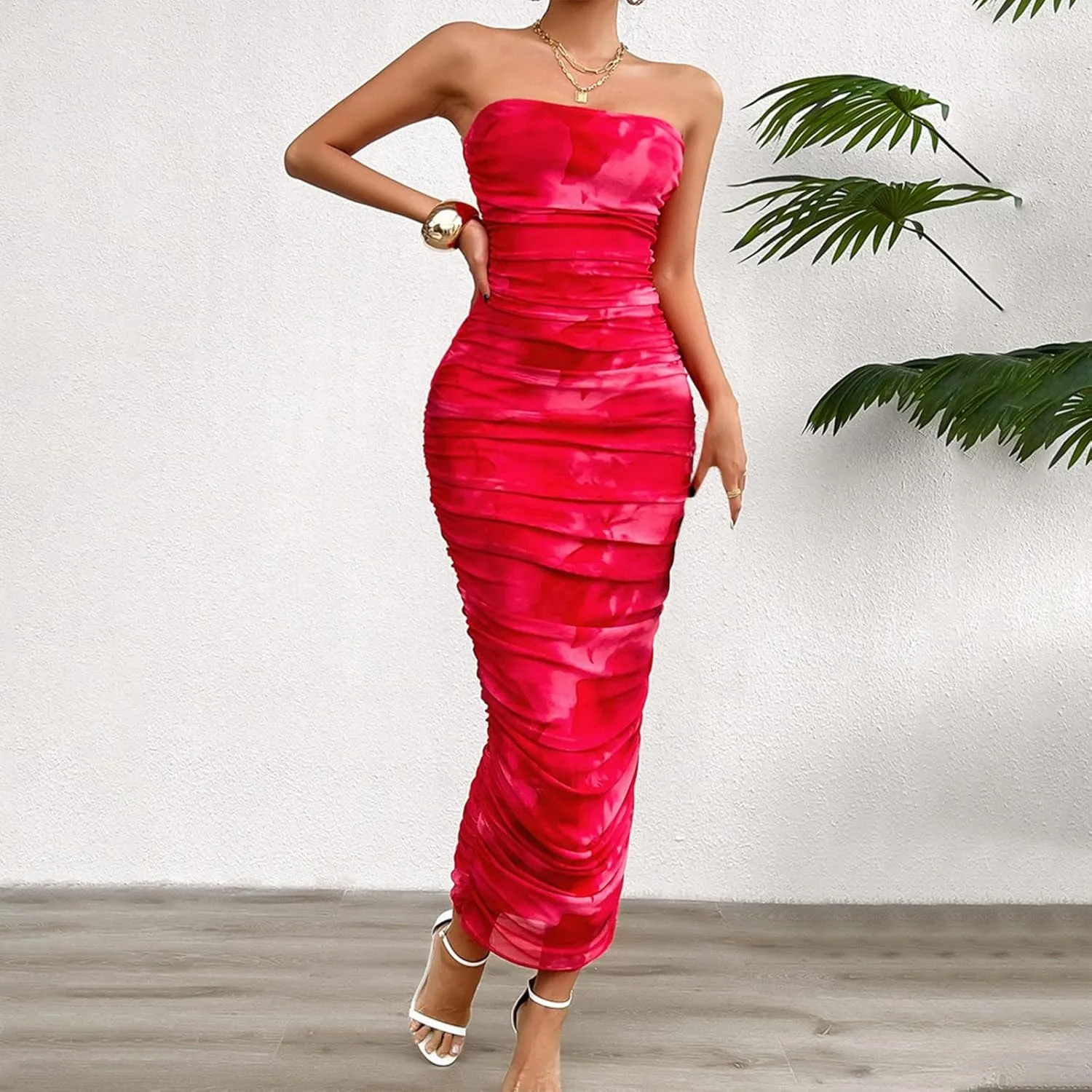 Women's Summer Bodycon Dresses Strapless Tube Top Printed Long Club Slit Dress Silk Dresses for
