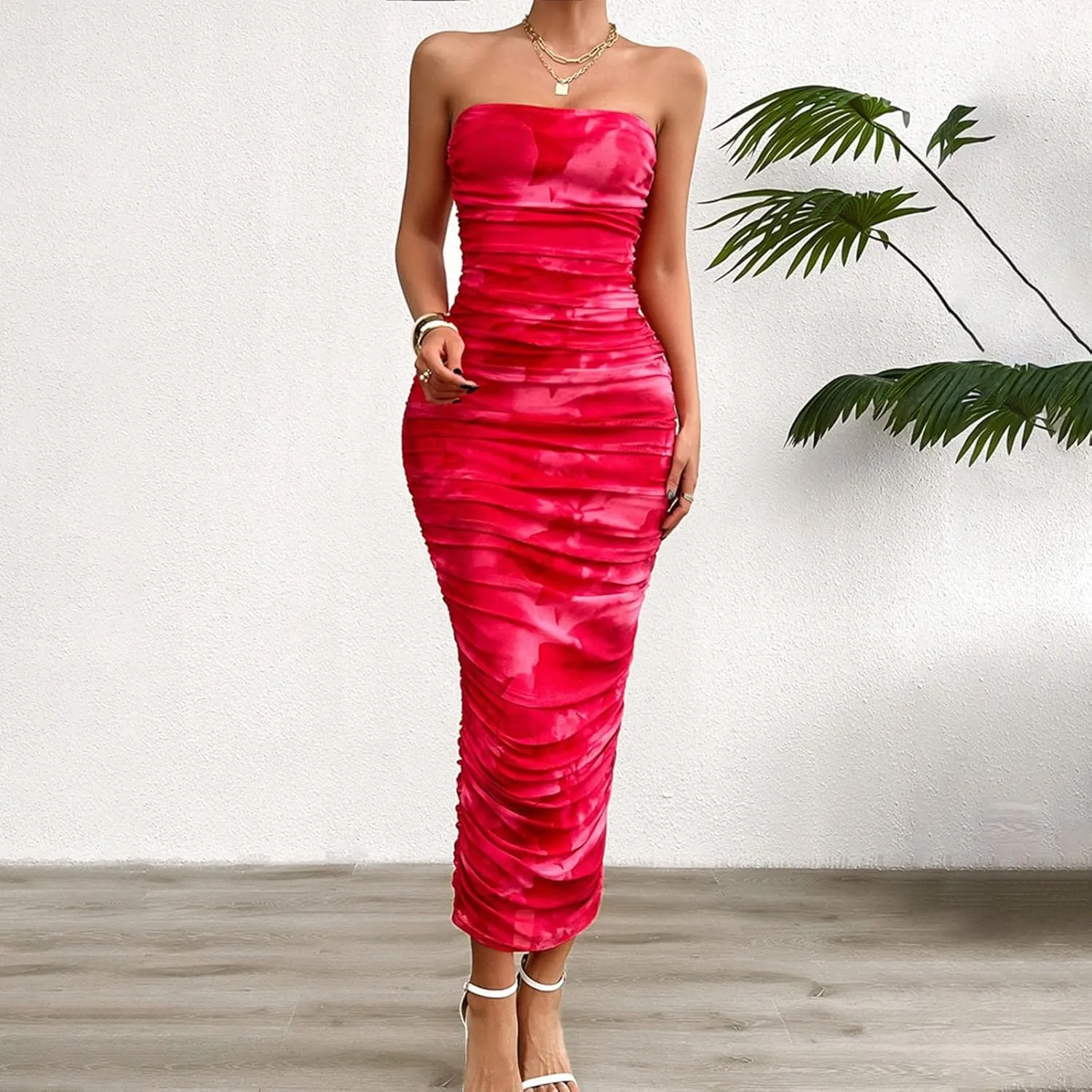 Women's Summer Bodycon Dresses Strapless Tube Top Printed Long Club Slit Dress Silk Dresses for