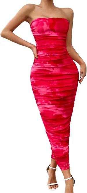 Women's Summer Bodycon Dresses Strapless Tube Top Printed Long Club Slit Dress Silk Dresses for