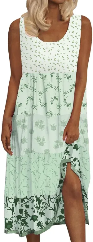 Womens Summer Casual Dress V Neck Short Sleeve Floral Print Boho Tiered Ruffle Maxi Beach Sundress with Pockets