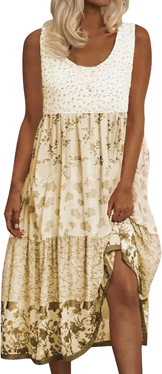 Womens Summer Casual Dress V Neck Short Sleeve Floral Print Boho Tiered Ruffle Maxi Beach Sundress with Pockets