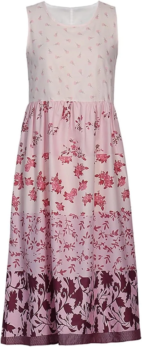 Womens Summer Casual Dress V Neck Short Sleeve Floral Print Boho Tiered Ruffle Maxi Beach Sundress with Pockets