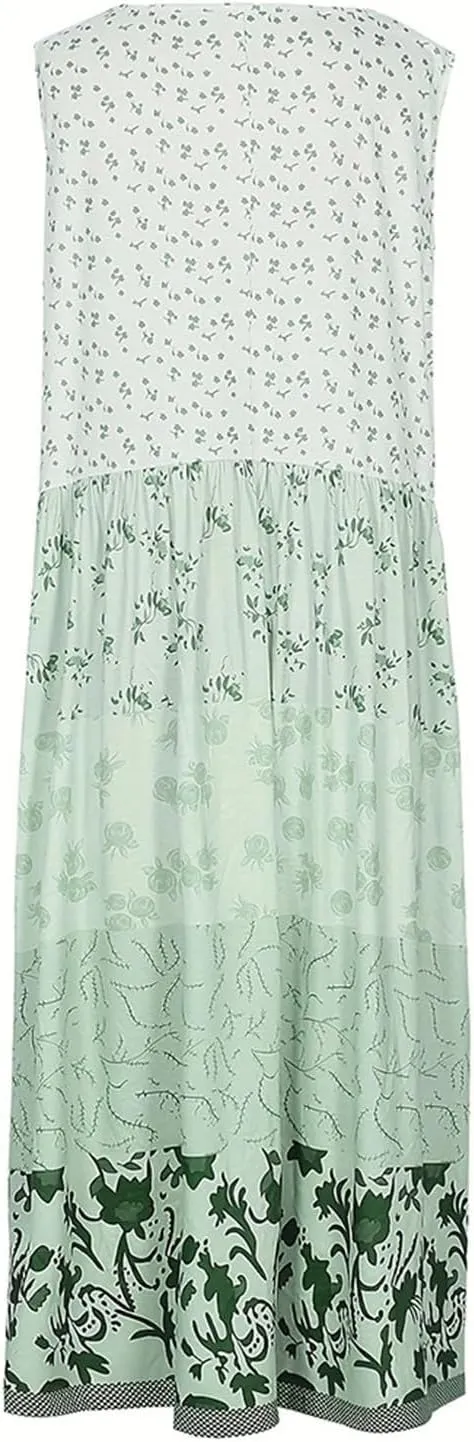 Womens Summer Casual Dress V Neck Short Sleeve Floral Print Boho Tiered Ruffle Maxi Beach Sundress with Pockets