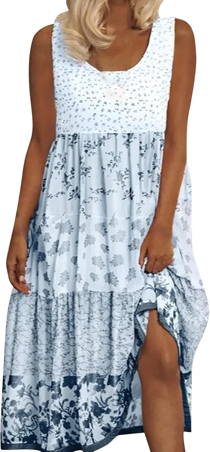 Womens Summer Casual Dress V Neck Short Sleeve Floral Print Boho Tiered Ruffle Maxi Beach Sundress with Pockets