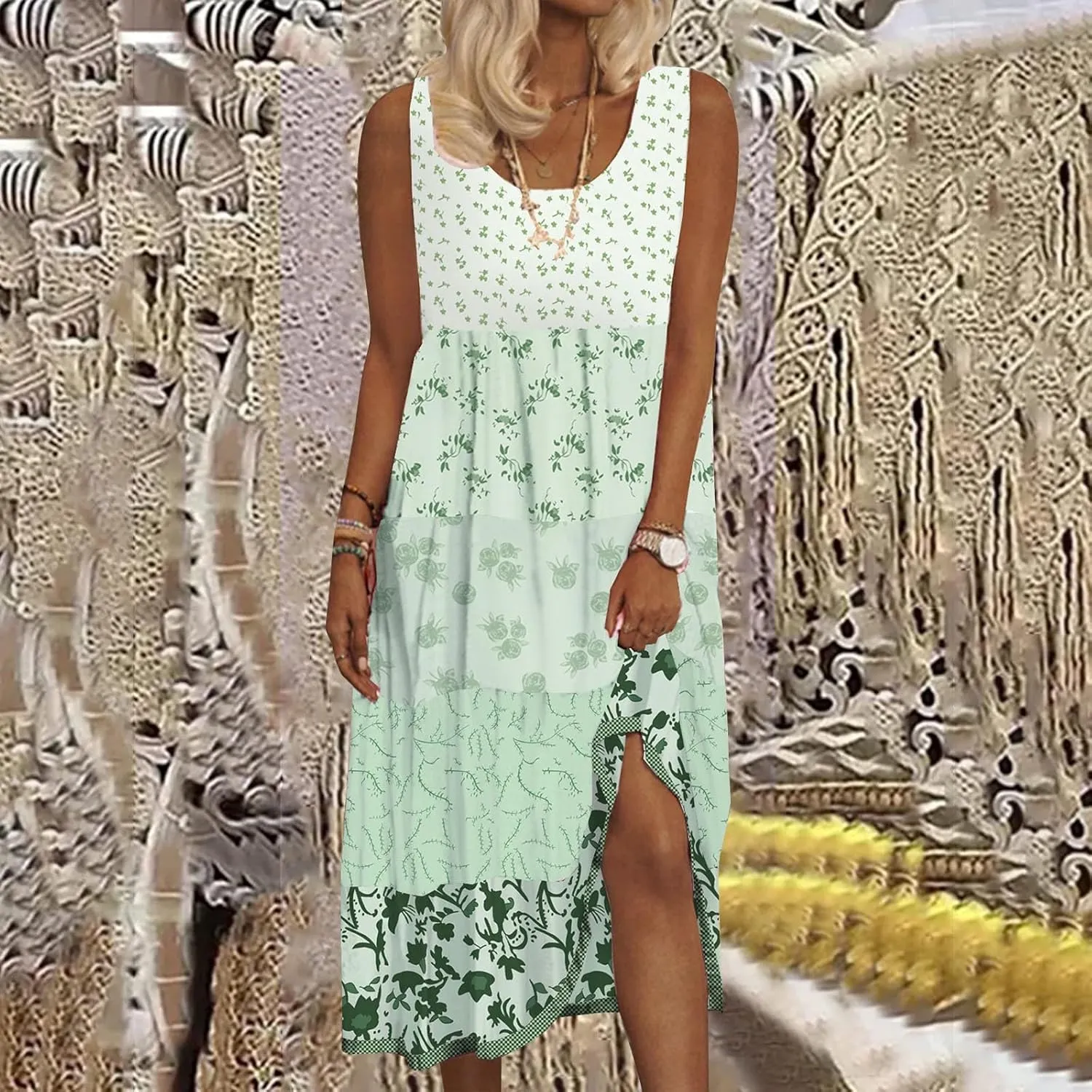 Womens Summer Casual Dress V Neck Short Sleeve Floral Print Boho Tiered Ruffle Maxi Beach Sundress with Pockets