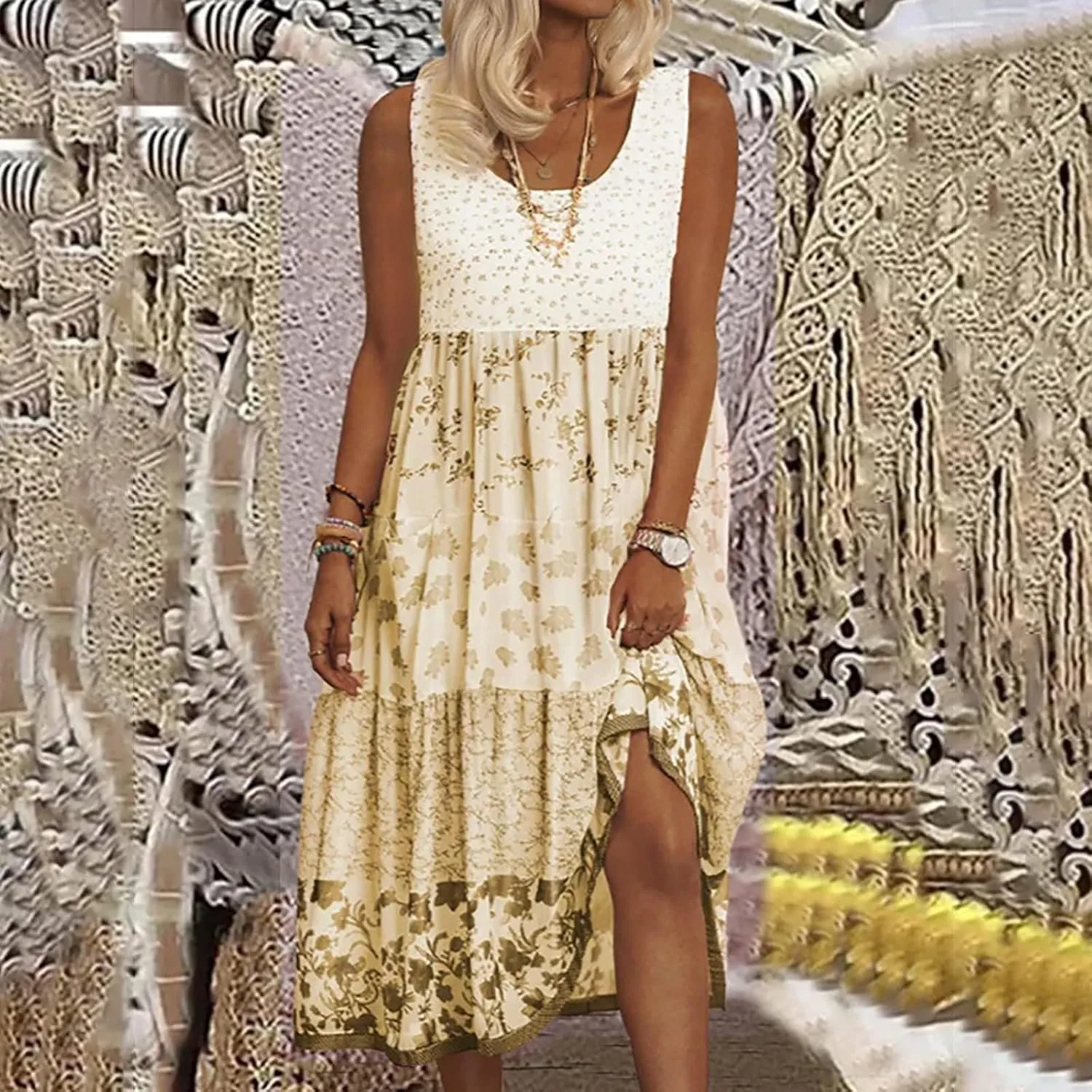 Womens Summer Casual Dress V Neck Short Sleeve Floral Print Boho Tiered Ruffle Maxi Beach Sundress with Pockets