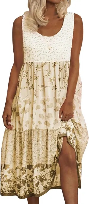 Womens Summer Casual Dress V Neck Short Sleeve Floral Print Boho Tiered Ruffle Maxi Beach Sundress with Pockets