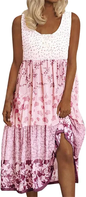 Womens Summer Casual Dress V Neck Short Sleeve Floral Print Boho Tiered Ruffle Maxi Beach Sundress with Pockets