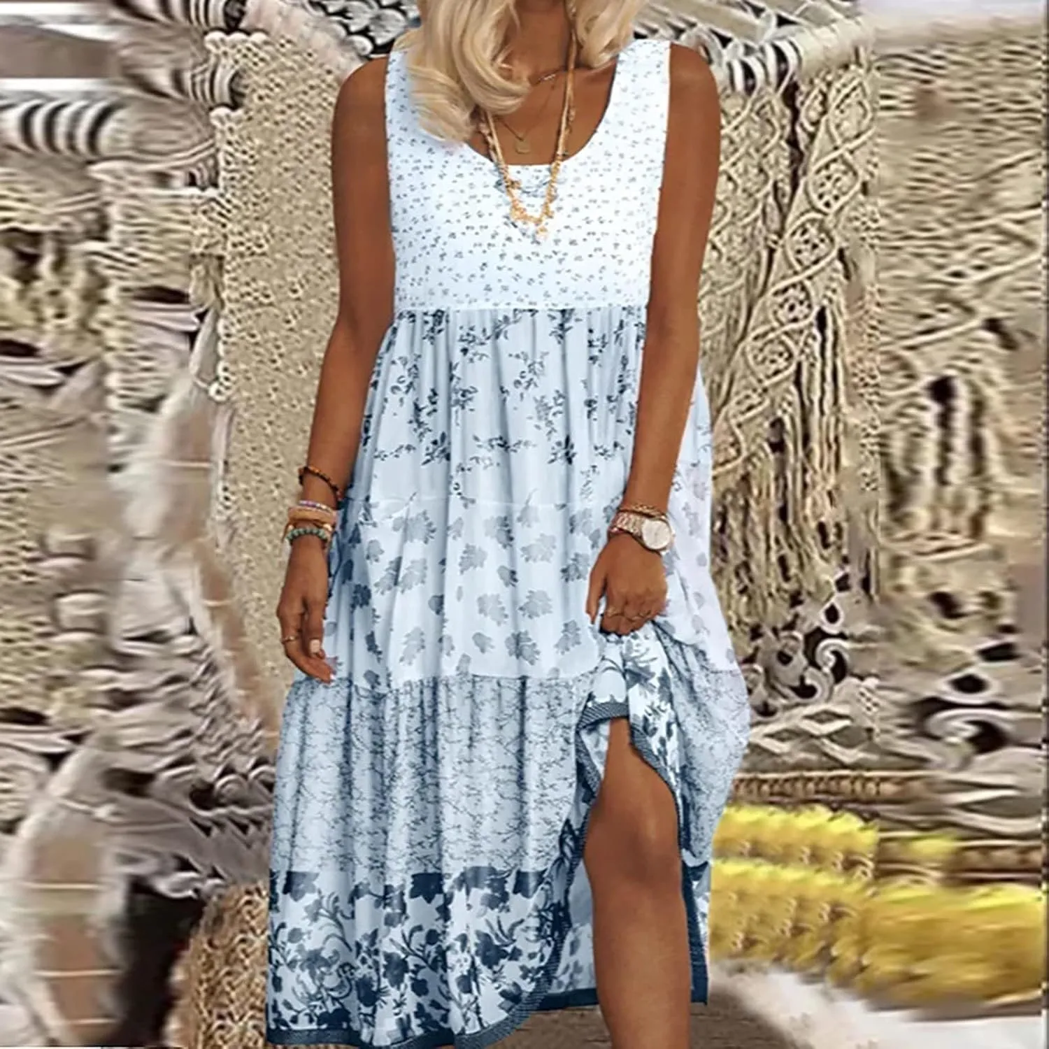 Womens Summer Casual Dress V Neck Short Sleeve Floral Print Boho Tiered Ruffle Maxi Beach Sundress with Pockets