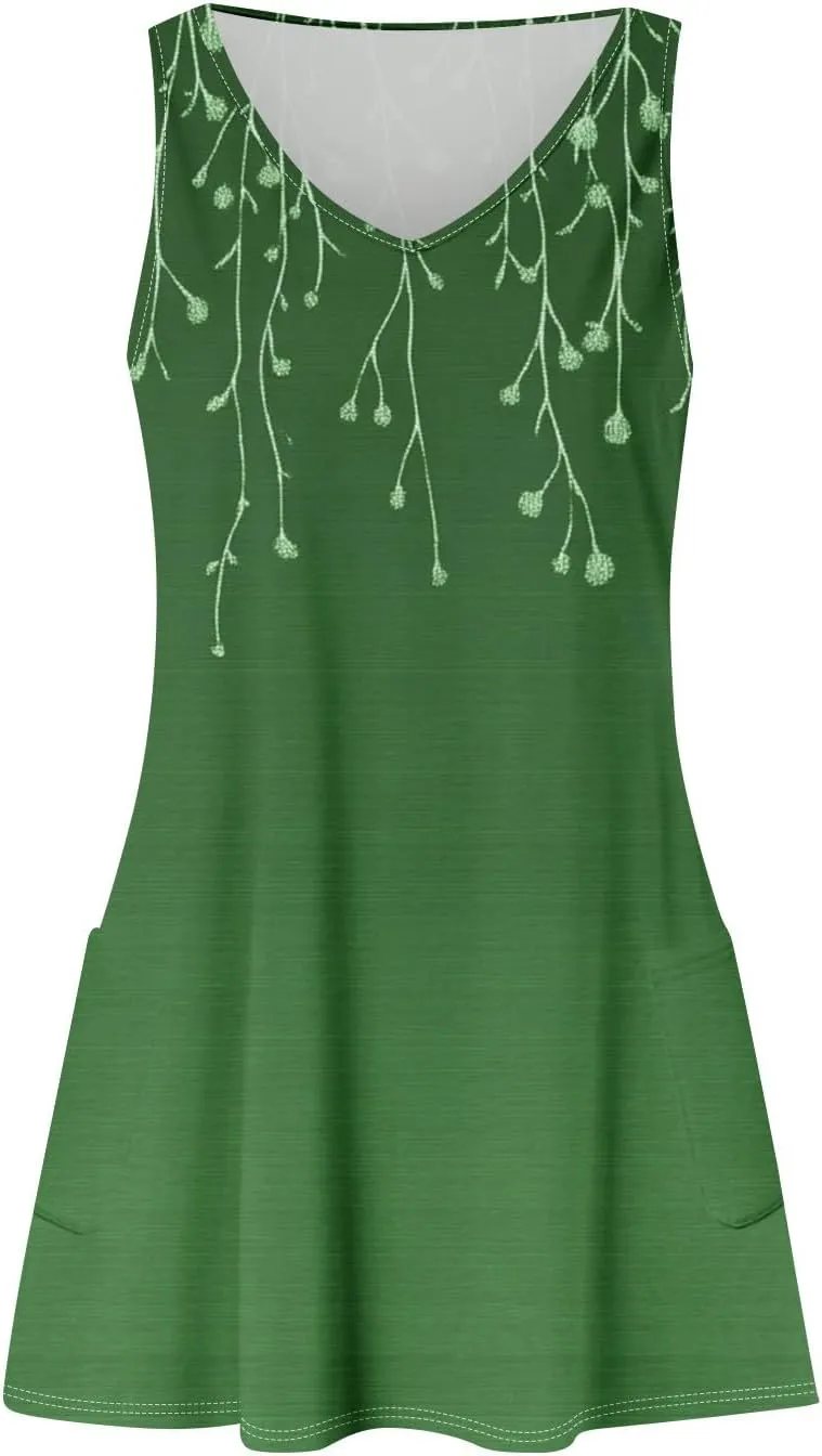 Womens Summer Dresses Casual Vacation Swimsuit Coverup Sleeveless Printed Sundress Beach V Neck Dress with Pocket