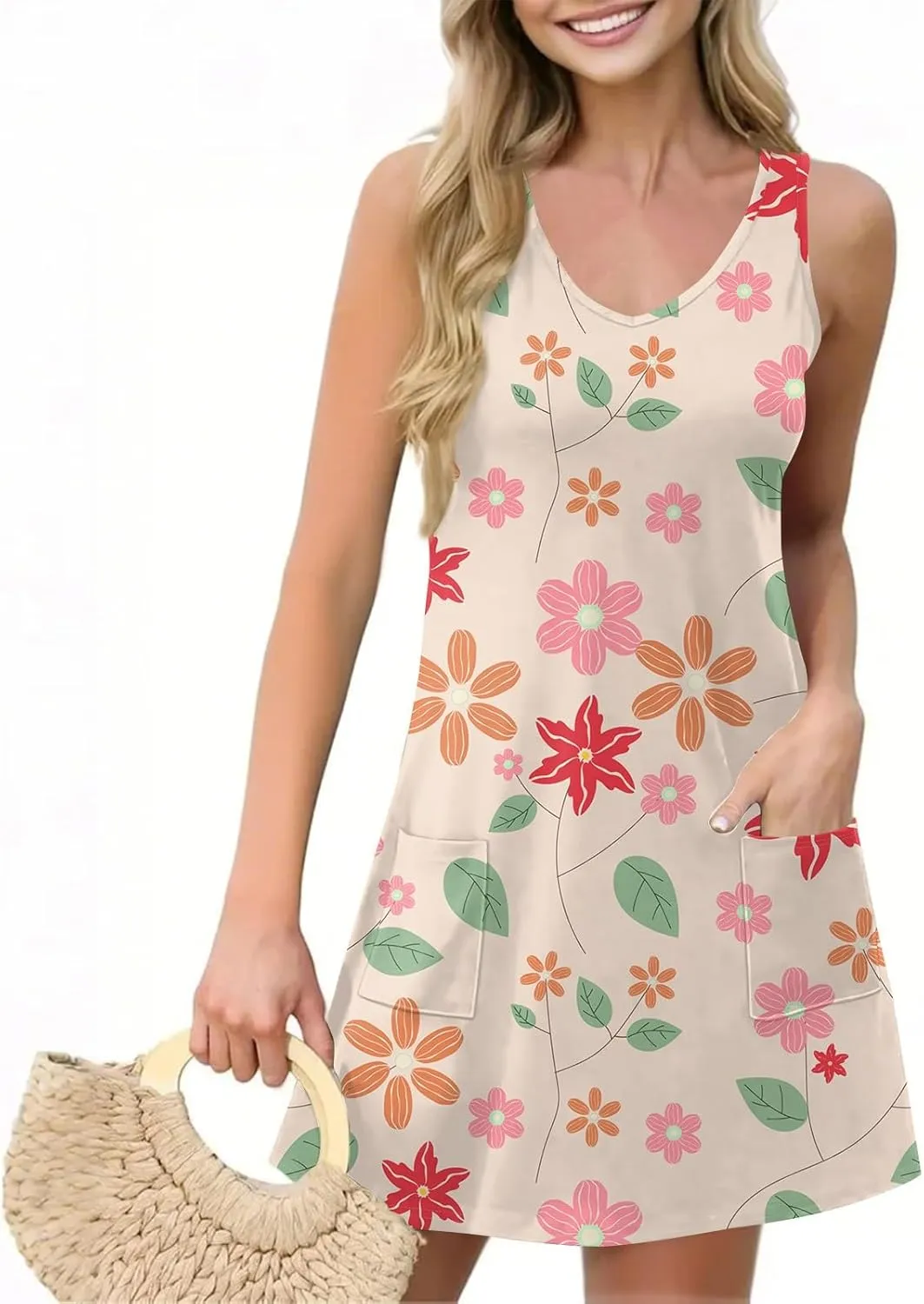 Womens Summer Dresses Casual Vacation Swimsuit Coverup Sleeveless Printed Sundress Beach V Neck Dress with Pocket