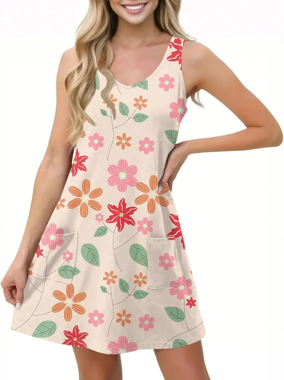 Womens Summer Dresses Casual Vacation Swimsuit Coverup Sleeveless Printed Sundress Beach V Neck Dress with Pocket