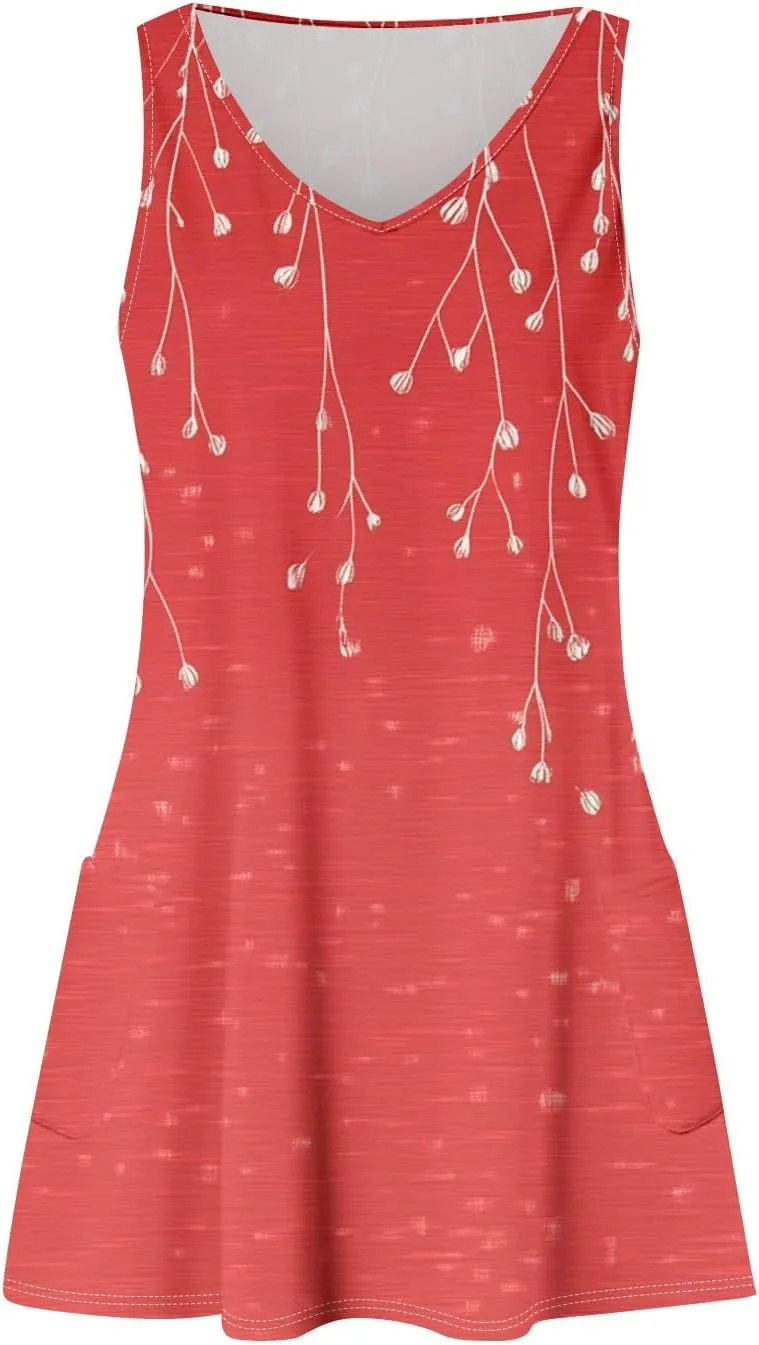Womens Summer Dresses Casual Vacation Swimsuit Coverup Sleeveless Printed Sundress Beach V Neck Dress with Pocket