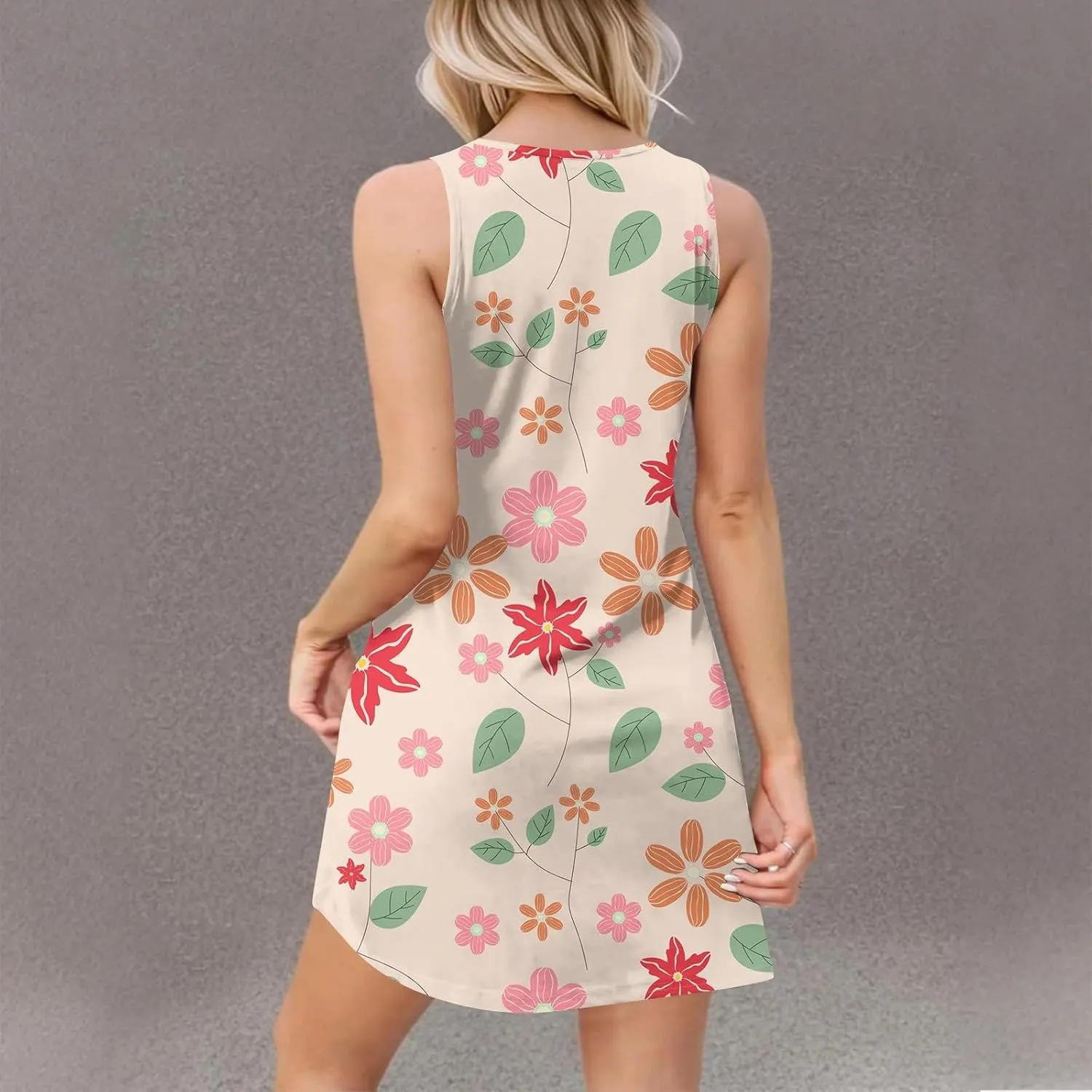 Womens Summer Dresses Casual Vacation Swimsuit Coverup Sleeveless Printed Sundress Beach V Neck Dress with Pocket