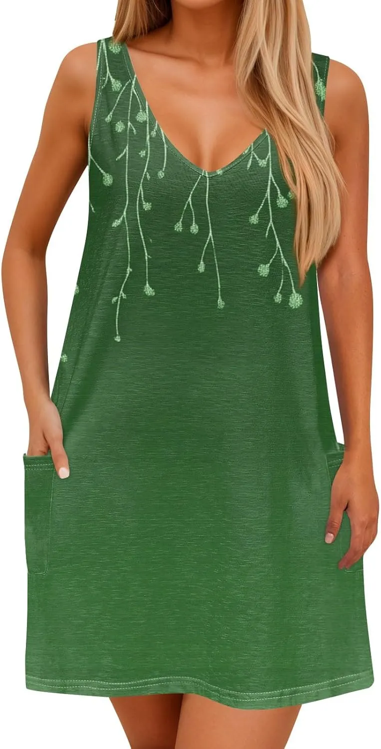 Womens Summer Dresses Casual Vacation Swimsuit Coverup Sleeveless Printed Sundress Beach V Neck Dress with Pocket