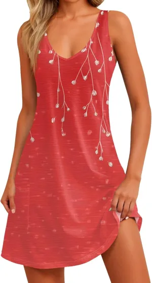 Womens Summer Dresses Casual Vacation Swimsuit Coverup Sleeveless Printed Sundress Beach V Neck Dress with Pocket