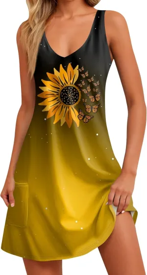 Womens Summer Dresses Sleeveless Beach Dress with Pocket Casual Vacation Swimsuit Coverup Printed 2025 Sundress