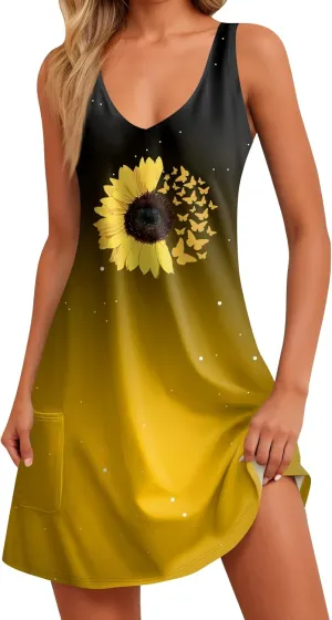 Womens Summer Dresses Sleeveless Beach Dress with Pocket Casual Vacation Swimsuit Coverup Printed 2025 Sundress