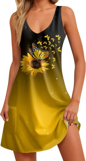 Womens Summer Dresses Sleeveless Beach Dress with Pocket Casual Vacation Swimsuit Coverup Printed 2025 Sundress
