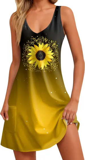 Womens Summer Dresses Sleeveless Beach Dress with Pocket Casual Vacation Swimsuit Coverup Printed 2025 Sundress