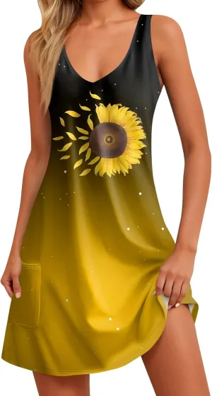 Womens Summer Dresses Sleeveless Beach Dress with Pocket Casual Vacation Swimsuit Coverup Printed 2025 Sundress