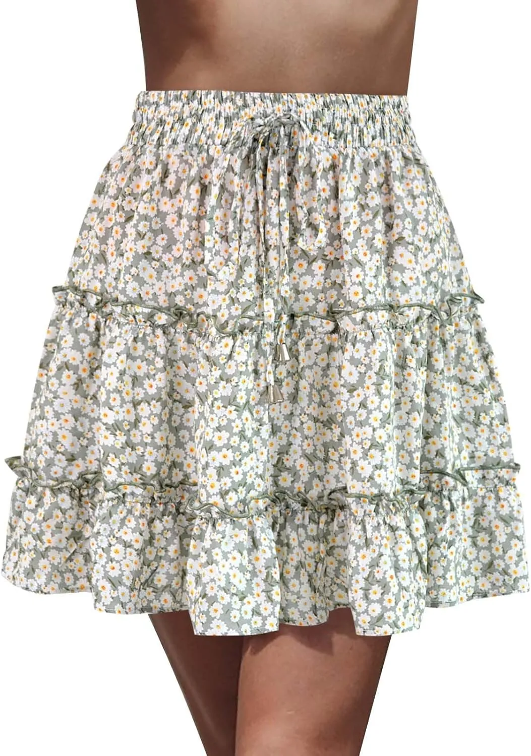 Womens Summer High Waist Floral Layered Ruffle Hem Boho Mini Skirt Smocked A Line Pleated Swing Beach Short Skirt Green-a