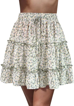Womens Summer High Waist Floral Layered Ruffle Hem Boho Mini Skirt Smocked A Line Pleated Swing Beach Short Skirt Green-a