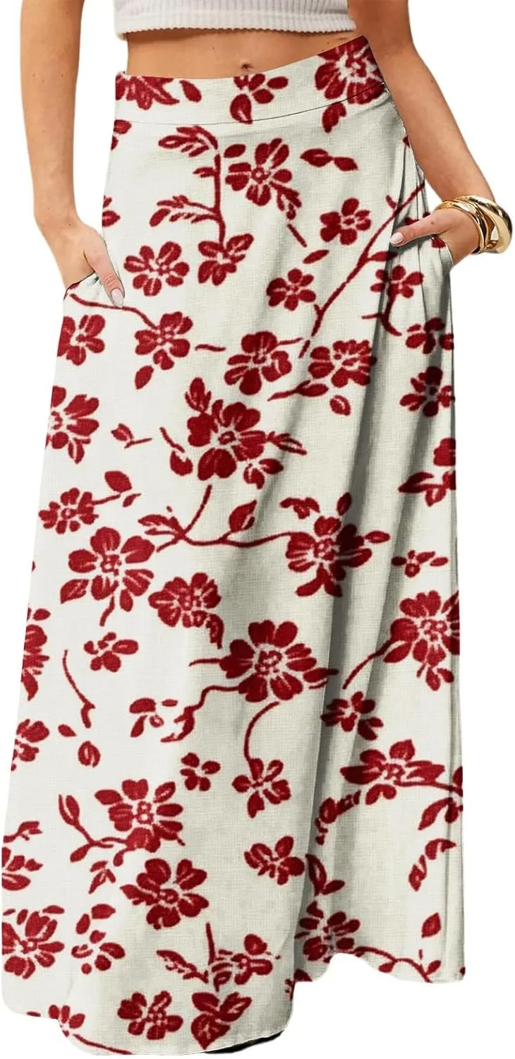 Women's Summer Skirt Trendy 2025 Floral A-Line Elastic High Waisted Skirts with Pockets Cute Elegant Boho Skirt