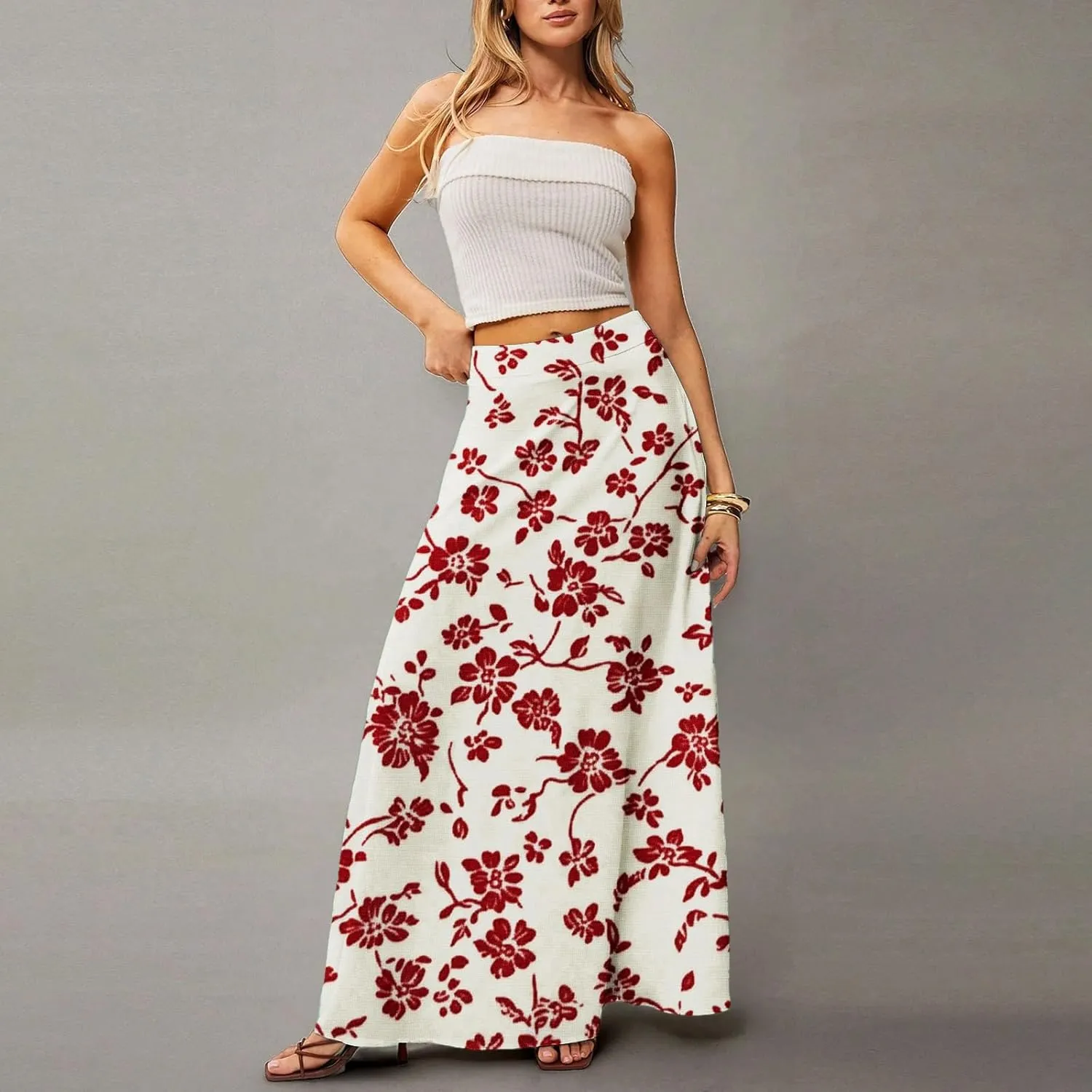 Women's Summer Skirt Trendy 2025 Floral A-Line Elastic High Waisted Skirts with Pockets Cute Elegant Boho Skirt