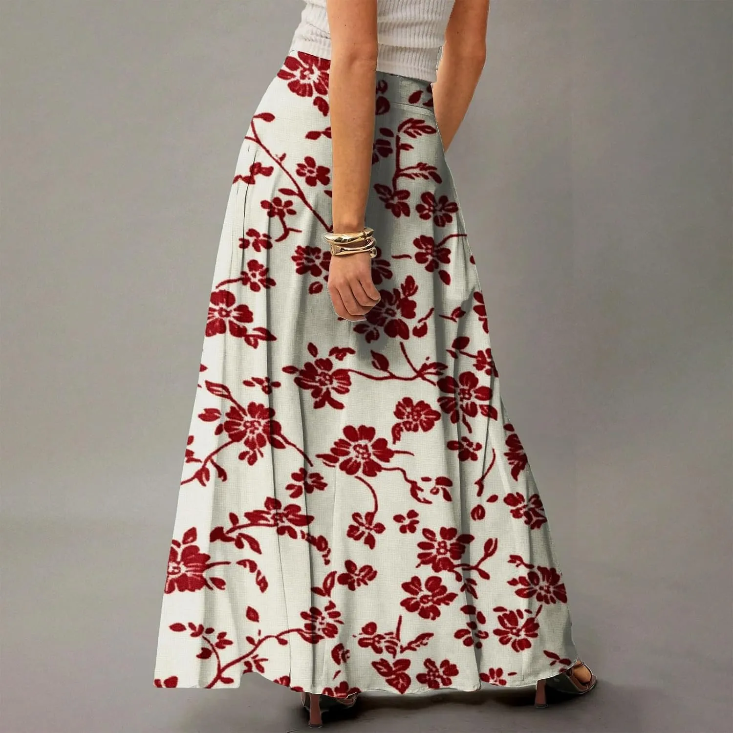 Women's Summer Skirt Trendy 2025 Floral A-Line Elastic High Waisted Skirts with Pockets Cute Elegant Boho Skirt