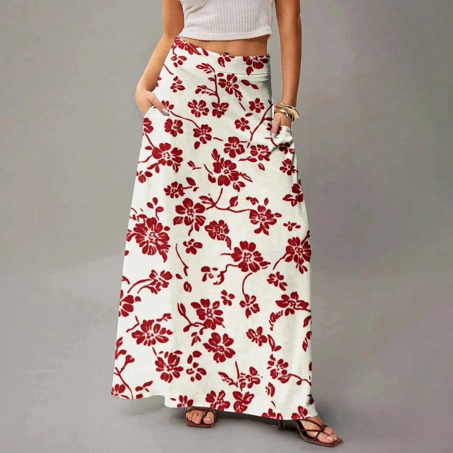 Women's Summer Skirt Trendy 2025 Floral A-Line Elastic High Waisted Skirts with Pockets Cute Elegant Boho Skirt