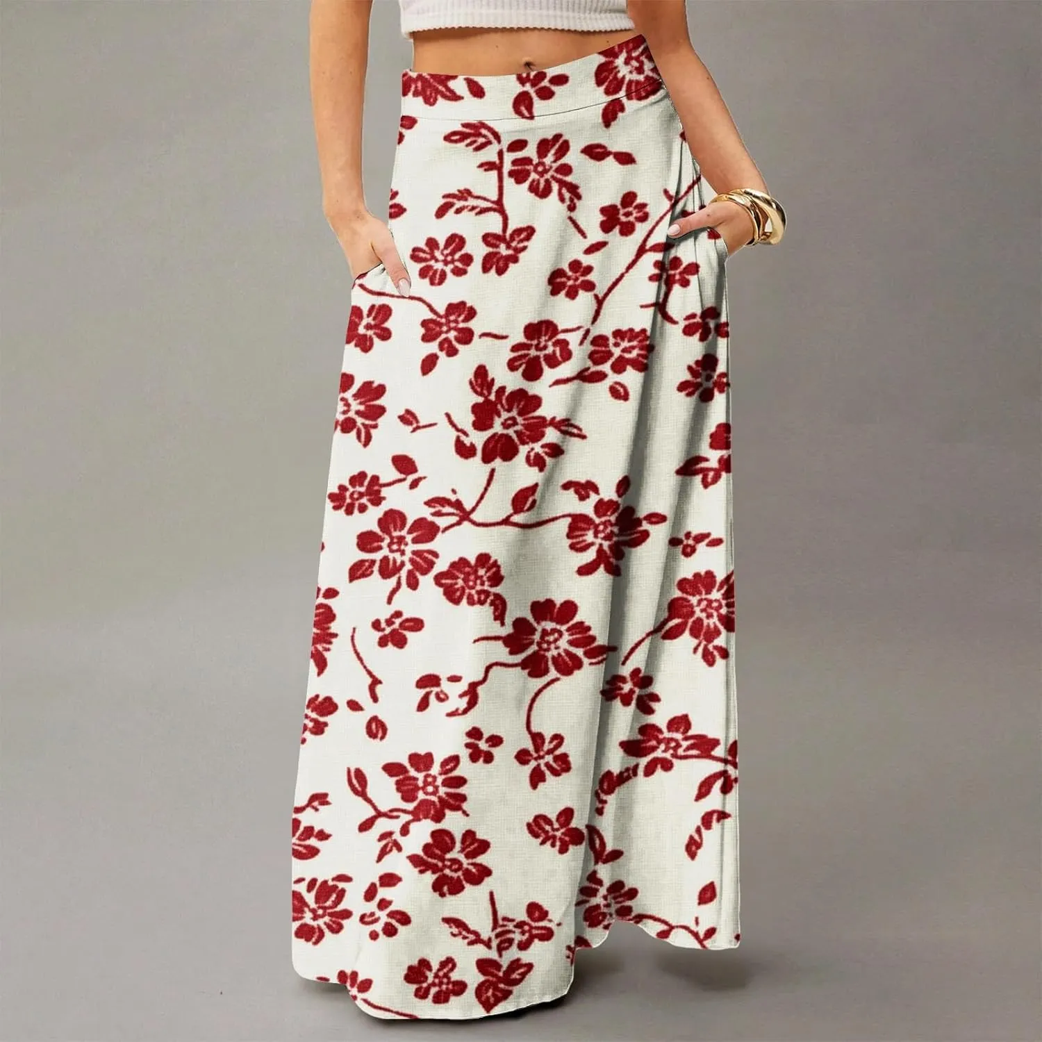 Women's Summer Skirt Trendy 2025 Floral A-Line Elastic High Waisted Skirts with Pockets Cute Elegant Boho Skirt