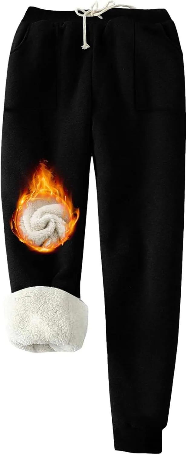 Womens Sweatpants Fleece Sherpa Lined Pants with Pocket Soft Thermal Leggings Winter Warm Sherpa Lined Joggers