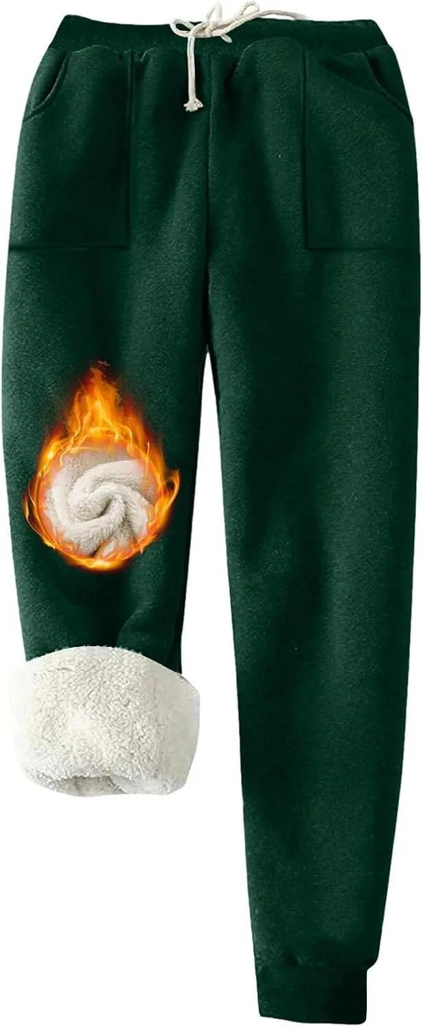 Womens Sweatpants Fleece Sherpa Lined Pants with Pocket Soft Thermal Leggings Winter Warm Sherpa Lined Joggers