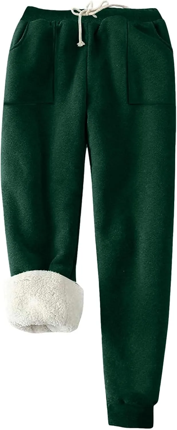 Womens Sweatpants Fleece Sherpa Lined Pants with Pocket Soft Thermal Leggings Winter Warm Sherpa Lined Joggers