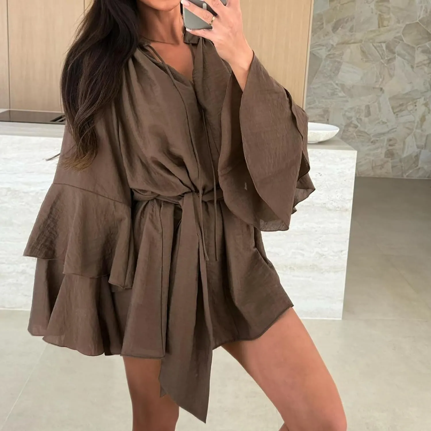 Womens Tie V Neck Casual Summer Loose Short Shirt Dress Flowy Tiered Ruffle Bell Long Sleeve Mini Dresses with Belt
