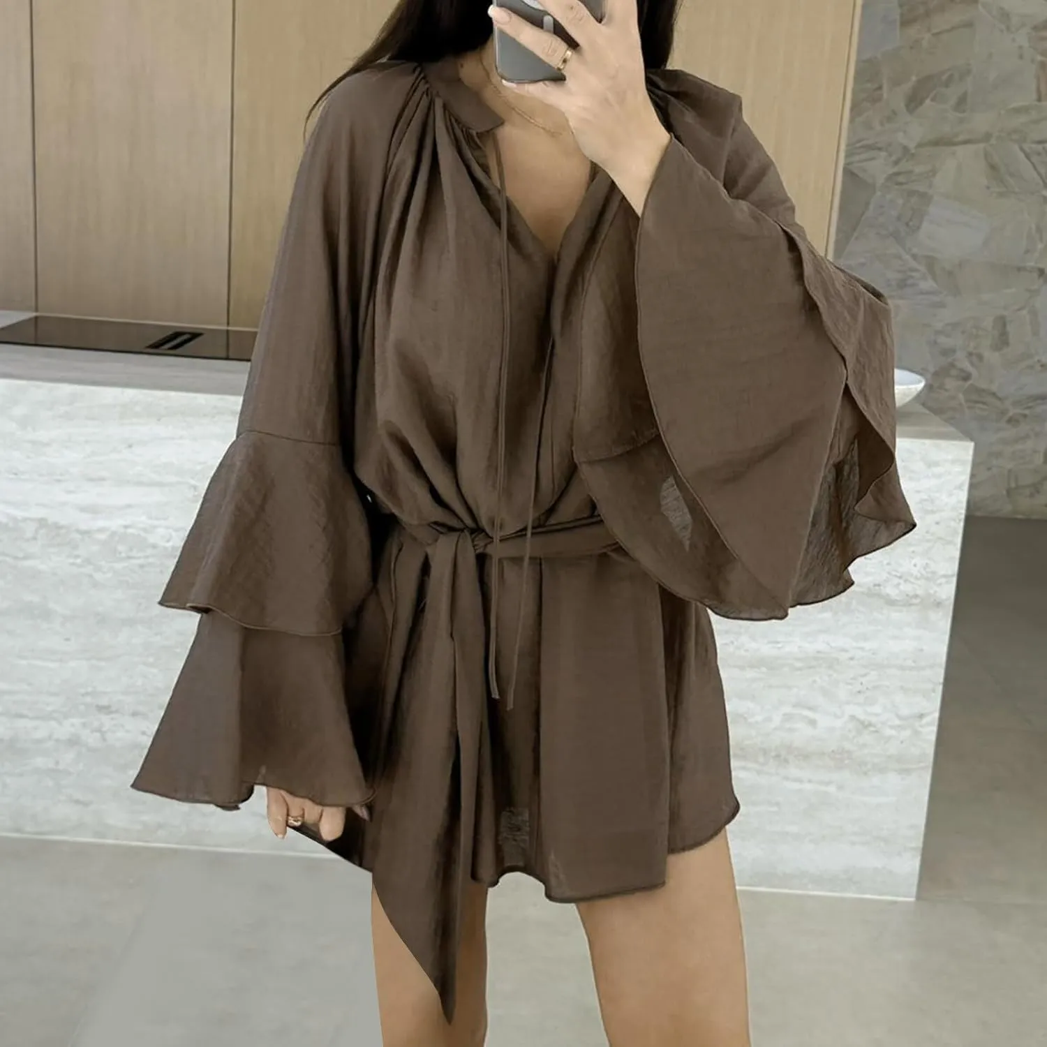 Womens Tie V Neck Casual Summer Loose Short Shirt Dress Flowy Tiered Ruffle Bell Long Sleeve Mini Dresses with Belt
