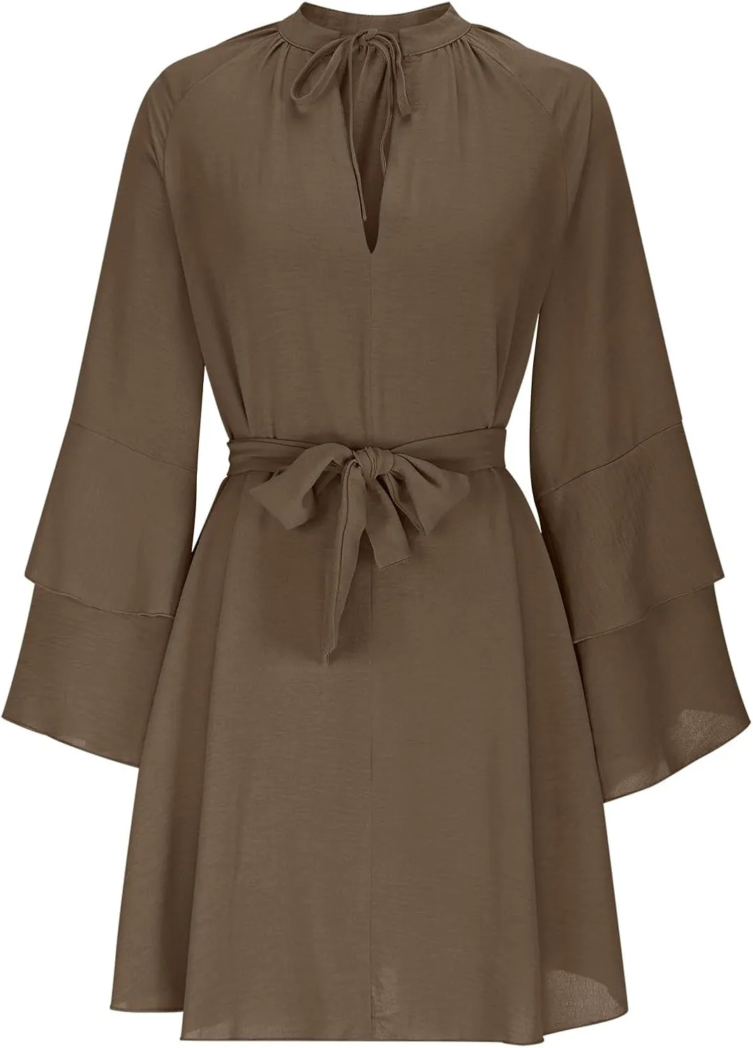 Womens Tie V Neck Casual Summer Loose Short Shirt Dress Flowy Tiered Ruffle Bell Long Sleeve Mini Dresses with Belt